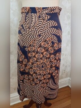 Farm Rio Midi Skirt Small | Tropical Leaf Print Navy Brown Boho Vacation Viscose